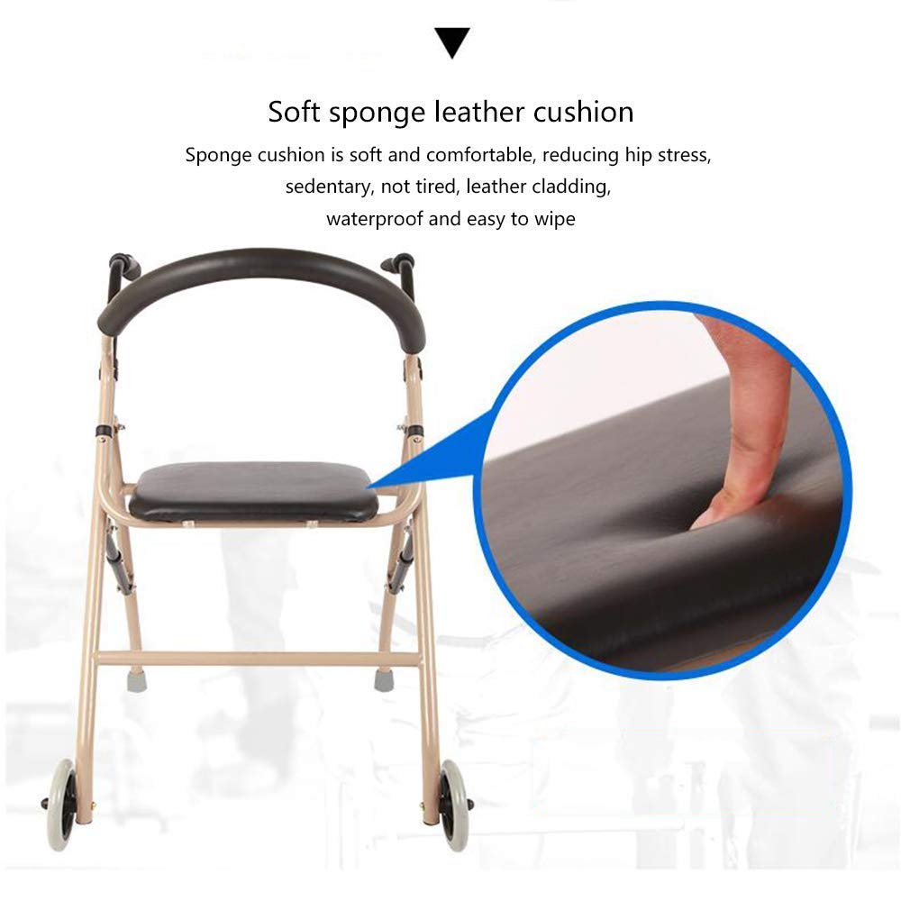 Leichter Gehrahmen, klappbarer Rollator mit Sitz Aluminium-Rollator Höhenverstellbarer gepolsterter Sitz mit 5-Zoll-Rad (Gold)