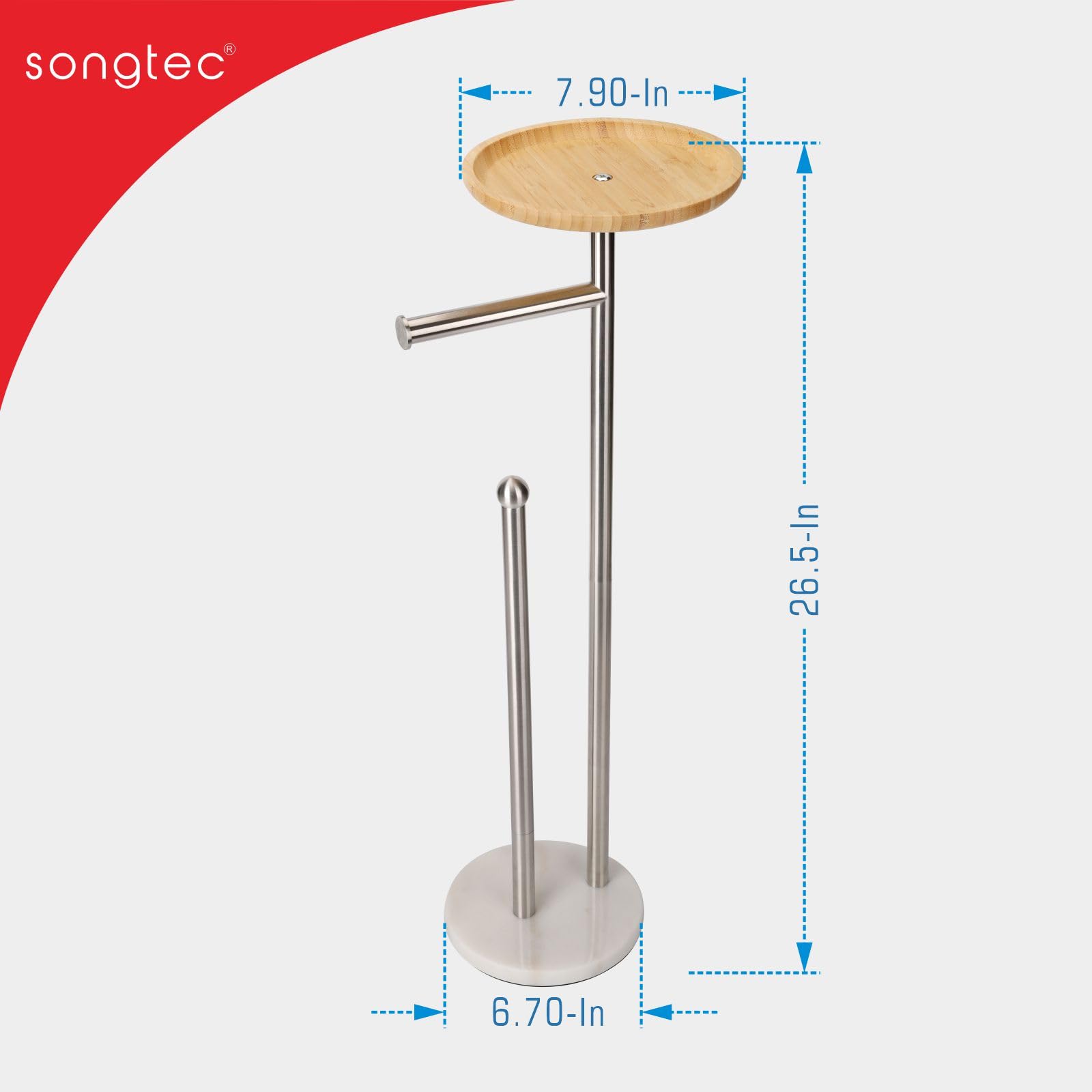 Stojak na papier toaletowy z dużą bambusową tacą 20 cm, cięższa podstawa marmurowa o wadze 1 kg, stojący stojak na papier z półką na telefon, rezerwowy na 4 rolki (szczotkowany nikiel)