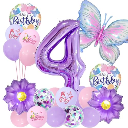 JWTRSVTY 20 peças Borboleta balões de alumínio, decoração borboleta festa de aniversário, balão número 4 anos, balões de cor latex, balão de borboleta decoração infantil, para meninos meninas
