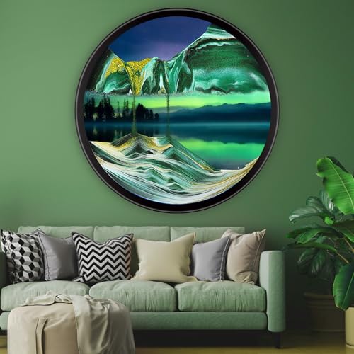 Mtadmai Moving Sand Art 3D Sand Art Pictures Deep Sea Sandscape Living Room Decoration 360 Rotate Glass Crafts Solid Wood Frame Relaxing Mood Home Office Work Wall Art Decor(Green-17in)