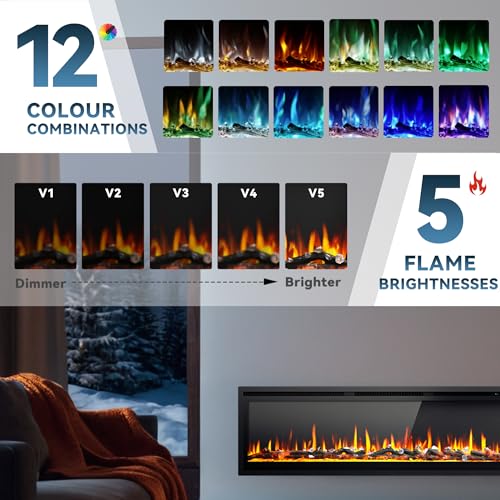Image of EUHOMY 60 Inch Electric Fireplace Recessed Wall Mounted Freestanding with Remote Control, Ultra-thin Fireplace Heater with Adjustable Flame Color, Linear Fireplace with Timer, Log & Crystal, 750 /1500W