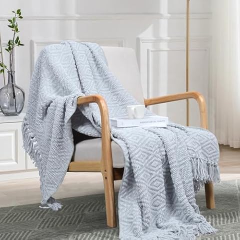 JOOJA Throw Blanket for Couch Knit Blanket Textured Chenille Blanket for Bed Super Soft Cozy Warm Blanket with Tassels for Chair Sofa Living Room, 50x60 Inches Grey Cover
