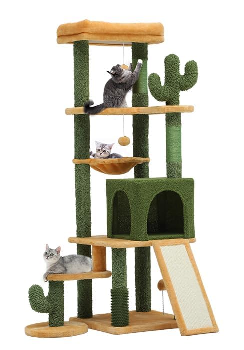 YITAHOME Gothic Cat Tree with Coffin Bed, 63" Tall Cat Tower for Indoor Cats with Top Perch, Spacious Cat Condos, Spider Hanging Balls,Comfy Hammock, Scratching Post and Ladder, Black Halloween: Green & Yellow 60in
