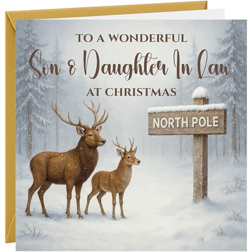 Christmas Card For Son & Daughter In Law Textured Christmas Greetings Card Beautiful Snow Scene Stag Reindeer Design