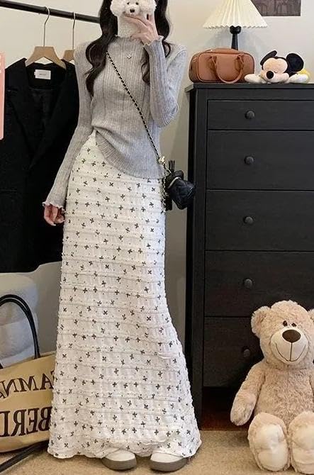 Women Summer Lace Floral Skirt Casual Cute and Gentle Wind High-Waisted Bow Bag Hip Fishtail A Word Long Skirt2