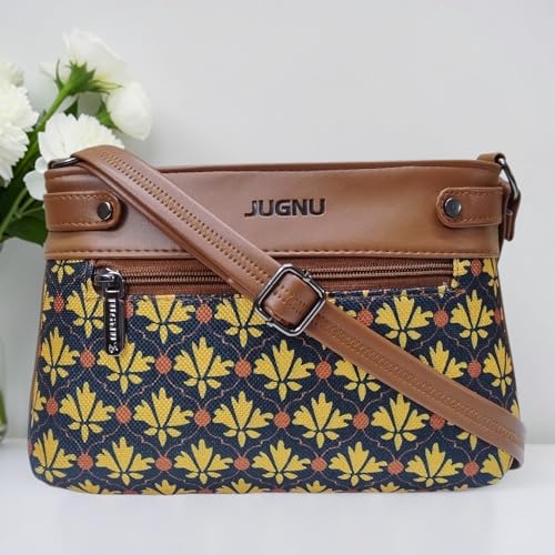 Image of JUGNU Sling Bag for Women, Jute Fabric, Crossbody Style, Slim Design, Multicolour, Medium Size, Lightweight, Adjustable Strap, Zipper Closure, 5 Pockets