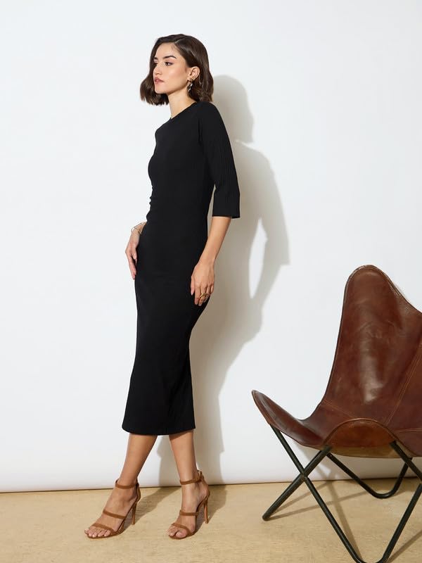 Image of barcino Black Rib Mock Round Neck Midi Dress