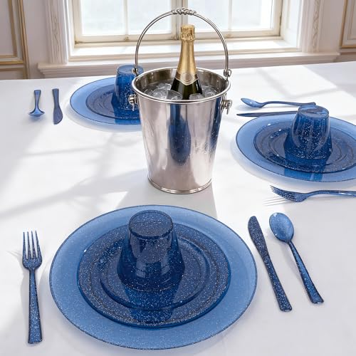 DaYammi 210PCS Cobalt Blue Glitter Plastic Dinnerware Set for 30 Guests, Fancy Disposable Plates for Party, Include: 30 Dinner Plates, 30 Dessert Plates, 30 Pre Rolled Napkins with Silverware, 30 Cups by DaYammi - Used condition - Image 5