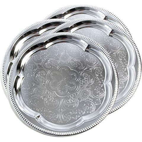 Maro Megastore (Pack of 4) 35.1 x 35.1 Centimeter Elegant Round Floral Pattern Engraved Catering Chrome Plated Serving Plate Mirror Tray Platter Birthday Party Deco Art (Medium) T226-4PK Cover
