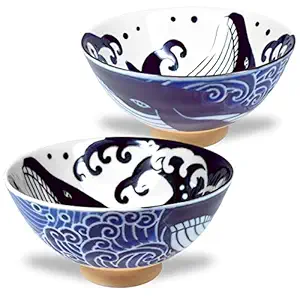 Mino Ware Japanese Rice Bowl, Rice Ramen Noodle Soup Sarada Pasta, Wave Whale Chawn, 4.6 inch 10oz Set of 2