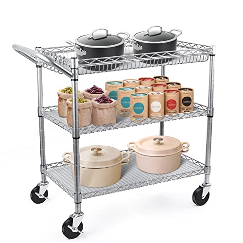WDT Heavy Duty 3 Tier Rolling Utility Cart, Kitchen Metal Utility Carts with Handle Bar, Utility Shelf Plant Display Shelf Food Cart Storage Trolley with Wheels, Silver