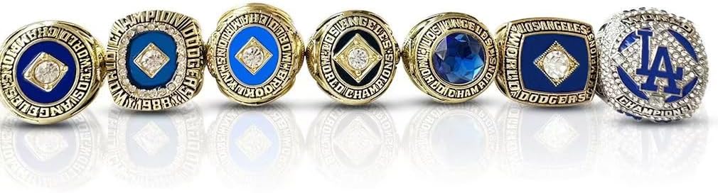 GIFT SET LOS ANGELES BASEBALL 1955 1959 1963 1965 1981 1988 2020 WORLD CHAMPIONSHIP RING, 7 RINGS SET WITH 7-HOLE WOODEN DISPLAY BOX PACKAGING, HOLIDAY GIFT FOR BASEBALL FANS
