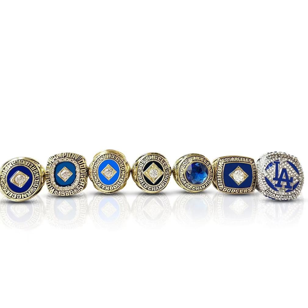 GIFT SET LOS ANGELES BASEBALL 1955 1959 1963 1965 1981 1988 2020 WORLD CHAMPIONSHIP RING, 7 RINGS SET WITH 7-HOLE WOODEN DISPLAY BOX PACKAGING, HOLIDAY GIFT FOR BASEBALL FANS