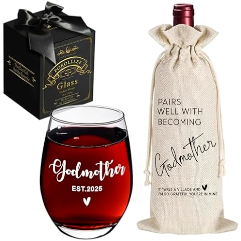 Pokolllee EST 2025 Godmother Proposal Gift for First Time Godmother, New Godmother EST 2025 Wine Glass Gift, New Godmother Pregnancy Announcement Wine Bag, Novelty Baptism Gifts for Godmother Cover