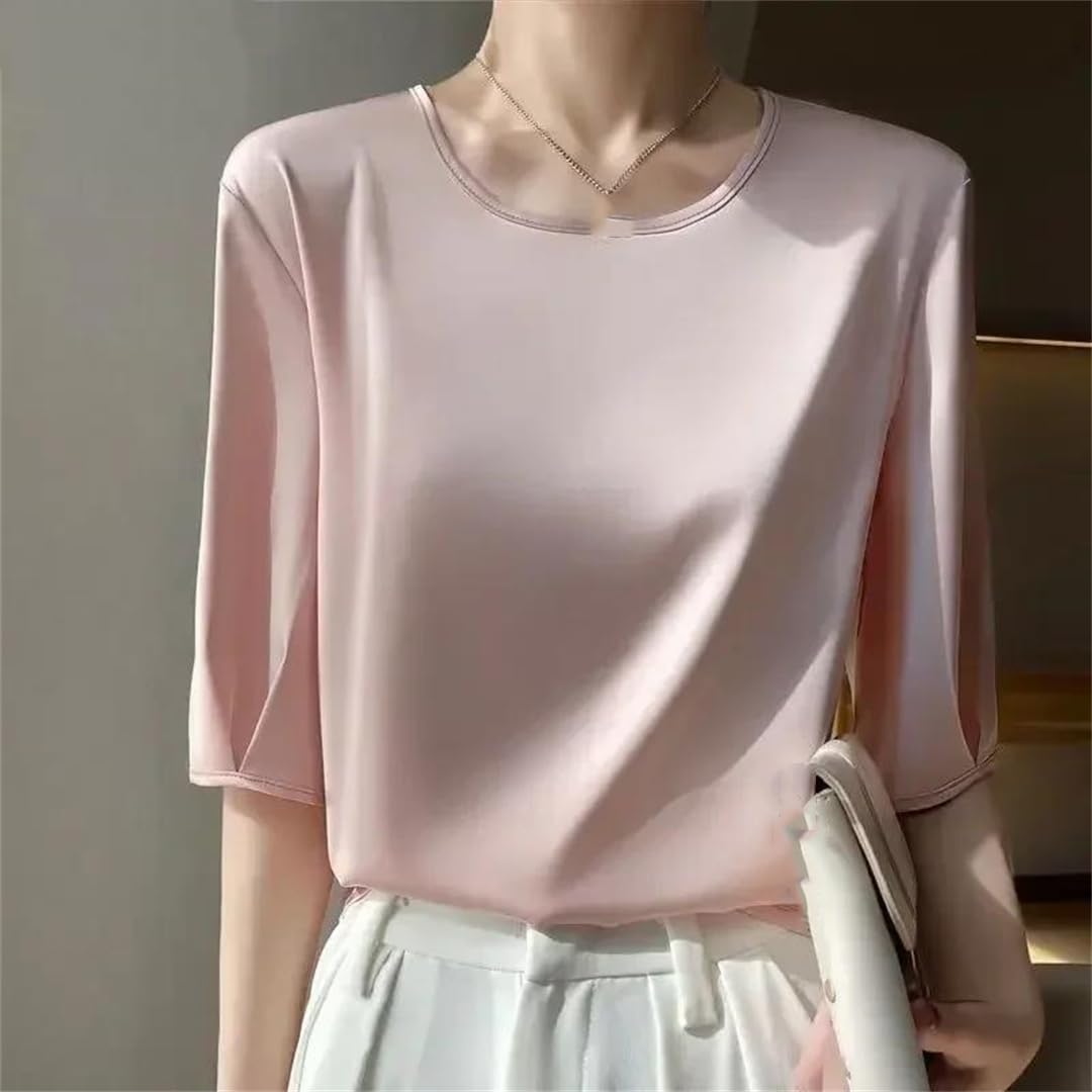 Camicetta estiva da donna in raso, ampia, a mezza manica, casual, tinta unita, con scollo rotondo