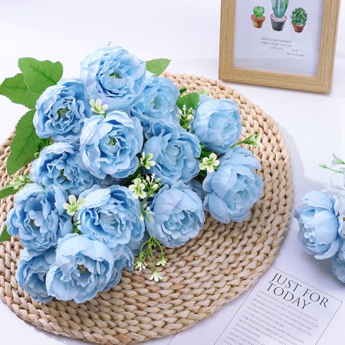 Image of 8 Pack Blue Peonies Artificial Flowers, Fake Silk Hydrangea Bouquet for Bridal Wedding Home Table Decor Reusable Dining Opening Ceremony Birthday Arrangement Faux Floral