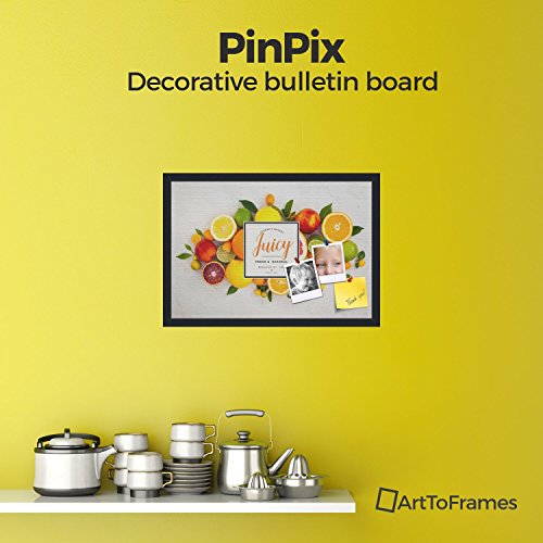 PinPix Decorative pin Cork Bulletin Board Made from Canvas, Recipe Board with Fruit Printed at 24x16 Inches and Framed in Satin Black (PinPix-Group-36)
