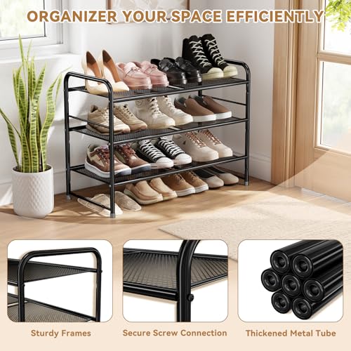 Image of Shoe Rack, 3 Tier 27 inch Wide Metal Mesh Shoe Organizer for Closet Holds up to 9-12 Pairs, Stackable, Black