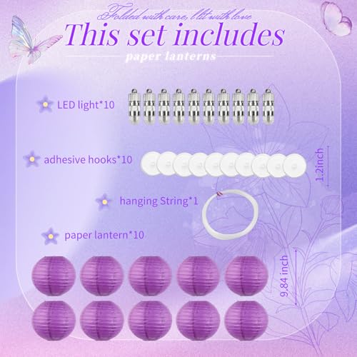 Image of Purple Chinese Paper Lanterns with LED Lights, 10-Pack 10inch | Hanging Lights for Mardi Gras, Graduation, Birthday Decorations, Ceiling Decor, Home Party & Baby Shower