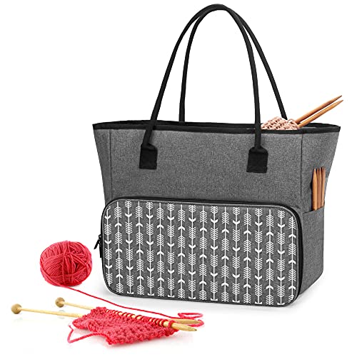 Yarwo Bolsa de Ovillos con Muchos Bolsillos, Bolsa de Labores, Organizador para Lanas de Tejer, Bolsa de Costura para Agujas de Tejer (14”/35.5cm), Gris con Flecha(Sola Bolsa)
