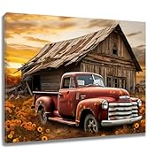 LB Farmhouse Truck Wall Art Vintage Barn Old Red Car and Orange Floral with Sunset Canvas Wall Ar...