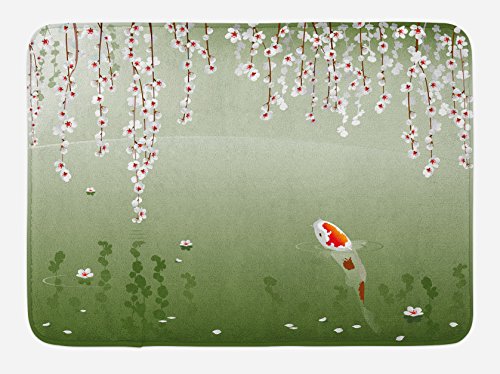 Lunarable Tapete de baño de peces koi, estilo japonés de pintura de peces koi, flores de cerezo colgantes, hojas flotantes, tapete decorativo de baño de felpa con respaldo antideslizante, 30.2 x 20