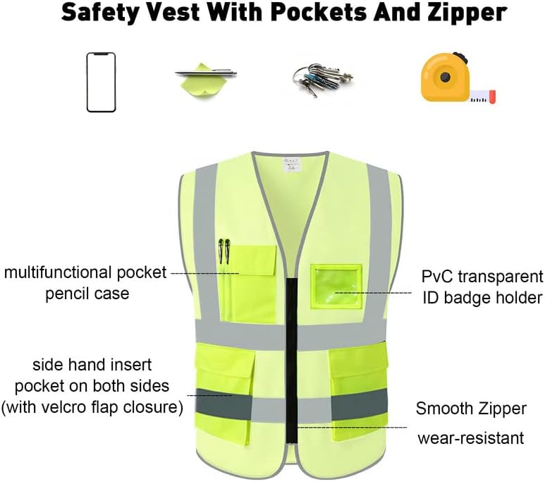 Miniatura 5 de NRGready Chaleco de seguridad de malla reflectante de alta visibilidad con 6 bolsillos y cremallera, chaleco de seguridad para hombres y mujeres