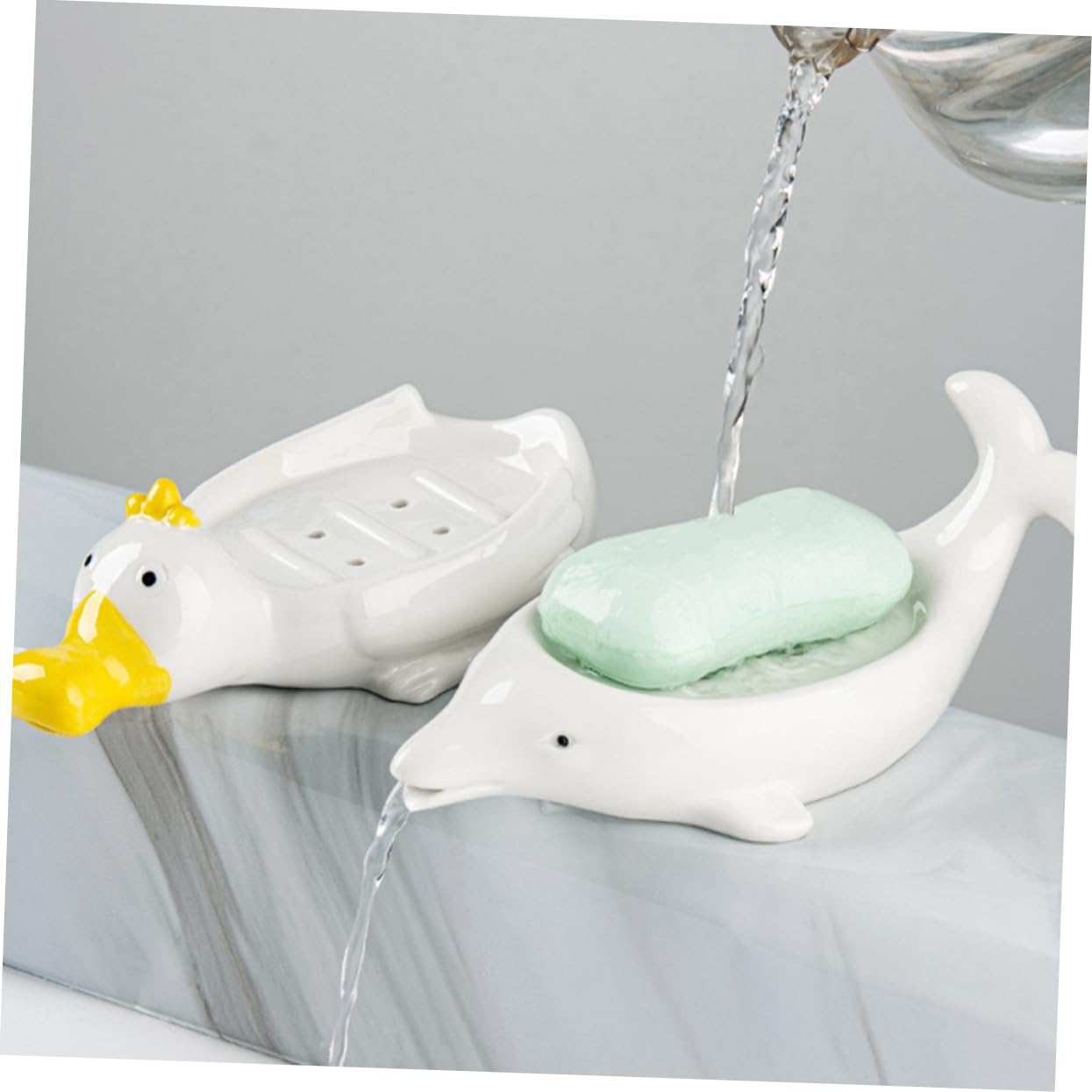 Jabonera de Cerámica Animal Marino Blanco 2 Piezas para Baño | Autodrenaje, Soporte para Esponja y Joyas, Decoración de Aseo, Obsequio de Inauguración