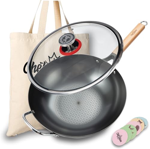 Flat Bottom Carbon Steel Wok, 12.6 inch, Un-coated & Pre-Seasoned, Premium Frying Wok for Electric, Induction, Gas Cooktops, Free Shopping Bag