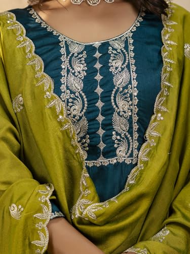 Image of VredeVogel Women's Silk Blend Embroidered Kurta with Pant & Dupatta Set | Modern & Traditional Blend Ethnic Wear | Festive & Casual Outfit