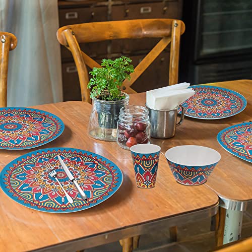 WedDecor Melamine Dinnerware Sets for 4 People for Indoor Outdoor BBQ Garden Picnic or Camping Use, Durable and Lightweight Melamine Dinner Set with Moroccan Design Plate Bowl & Cups (Set of 16Pcs) - Image 2
