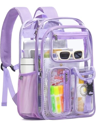 QOECI Double-Layer Clear Backpack Heavy Duty 17 Inch Large Clear Bookbag Transparent See Through Backpack For School Work College Travel Sport- Light Purple