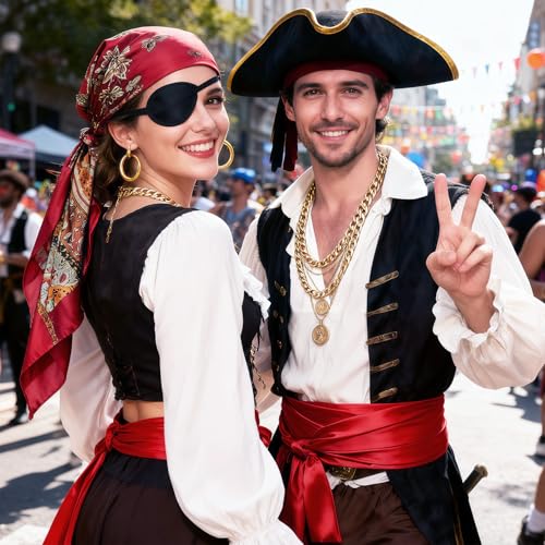 HUKUMA 6 Piezas Accesorios Disfraces Piratas Mujer, Piratas Pañuelo Bandana Fajin, Parche en el Ojo, Pendientes Collar Pulsera, Accesorios Pirata para Halloween Carnaval - imagen 6