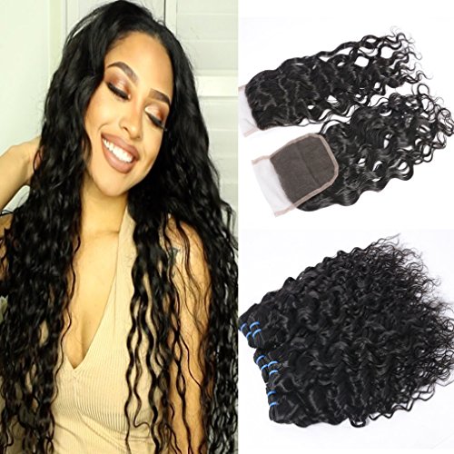 GEM Beauty Brazilian Wate Wave Hair With Closure Wet and Wavy Human Hair Weave Brazilian Virgin Hair Bundles With Closure Water Wave Hair (18 with 22 24 26 inch)