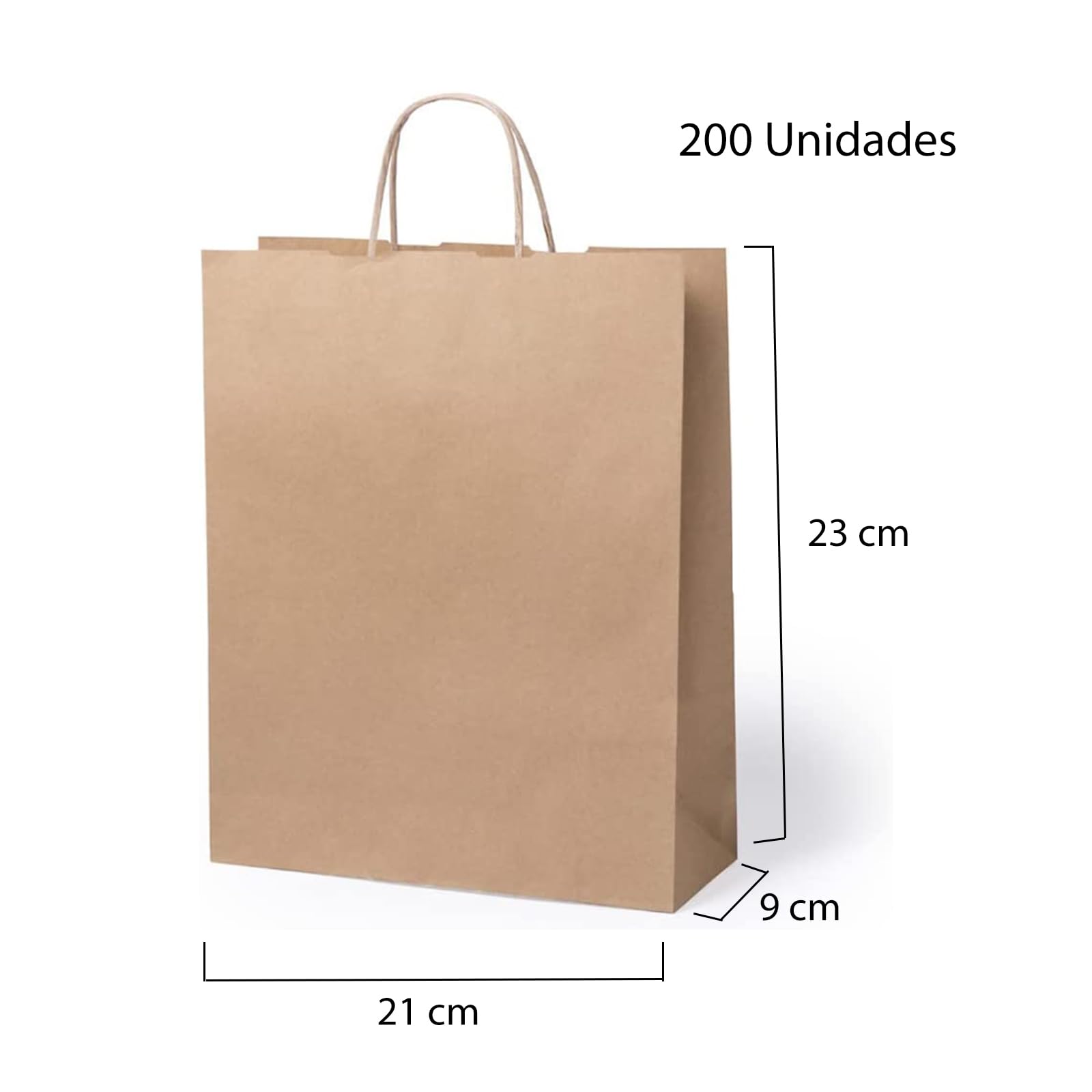 Bolsas para regalos, 200 Bolsas de papel kraft con asas trenzadas, bolsas para regalar en diferentes tamaños, bolsas de papel para tiendas y comercios (21 x 23 x 9 cm, 200 Bolsas)