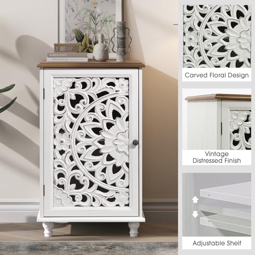 Image of JOINICE Accent Cabinet with Hand-Carved Door for Living Room /Bedroom | Hand-Carved Floral Design, Boho /Farmhouse /Rustic Style, Space-Saving, Sofa Table /End table, Solid Wood Legs, Adjustable Shelf