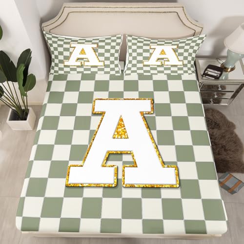 Image of Erosebridal Sage Green Checkered Bed Sheets Queen Plaid Initial A Sheet Set Personalized Monogram Bedding Set for Kids Boys Girls,Fashion Grids Gingham Fitted Flat Sheets 4 Piece