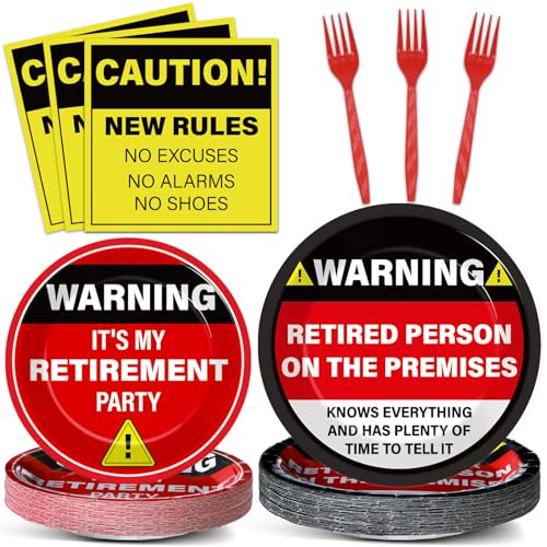 Image of Qyeahkj 100 Pcs Funny Happy Retirement Party Supplies Caution Retirement Paper Plates and Napkins Set Disposable Warning Sign Tableware Decorations for Men Women Farewell Going Away Party Serves 25