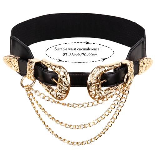 Image of Dubulle Womens Belt Chain Leather Belts Vintage Western Adjustable Elastic Double Buckle for Cowboy Pant Dress