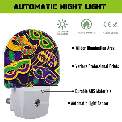 Image of Happy Mardi Gras Night Light for Kids,Colorful Carnival Masks and Beads Plug in Night Light with Dusk to Dawn Sensor, 0.5w Energy Saving Nightlight for Hallway Stairway Kitchen Bedroom