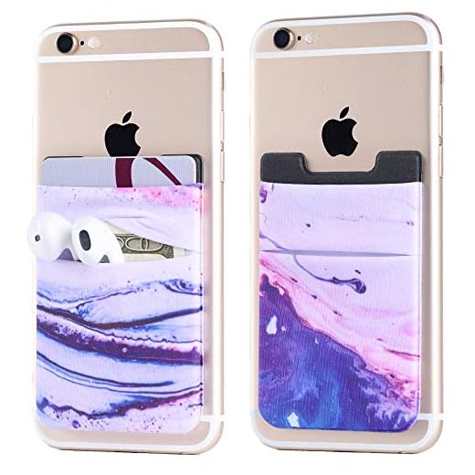 2Pack Phone Card Holder Stretchy Lycra Stick on Wallet Double Pocket Credit Card ID Case Pouch Sleeve 3M Adhesive Sticker for Back of iPhone Android Smartphone (Sand Marble Purple Double Pocket)