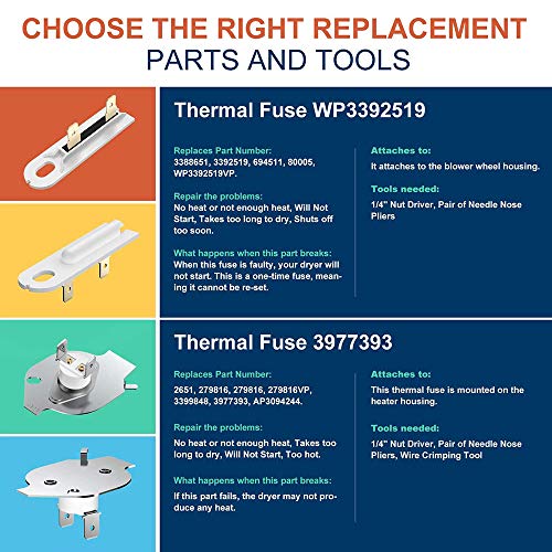 DECDEAL 279838 Elemento de aquecimento do secador aplicável a Whirlpool Roper 3392519 3977393 Fusíve
