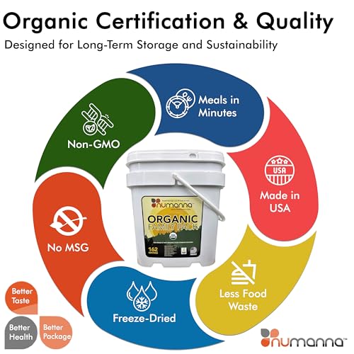 Numanna Freeze Dried Triple USDA Certified Organic Family Pack Buckets 486 Servings Non-GMO, No MSG, 100% CCOF Easy to Prepare Emergency Survival Food or Perfect For Daily Use 25 Years Shelf Life