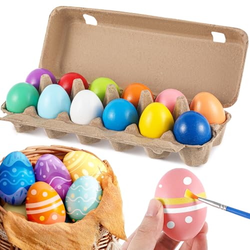 12 Pcs Easter Wooden Eggs for Crafts Easter Colorful Fake Eggs Wo...
