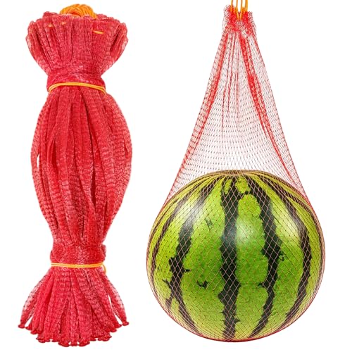 50 Pack Thick Watermelon Nets 20 Inch Reusable Melon Hanging Mesh Bag Hammock Red Mesh Bags with Drawstring for Garden Melon Cucumbers Trellis Vertical Garden Growing