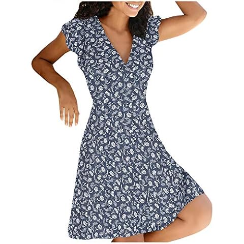 tsaChick Sommerkleid Damen Lang Bedrucktes Freizeitkleid Slim Fit Ultra Kurzarm V-Ausschnitt Knielang Strandkleid Feder Klein Floral Bedruckt Casual Holiday Kleider Frauen MäDchen Sommer Dress Cover
