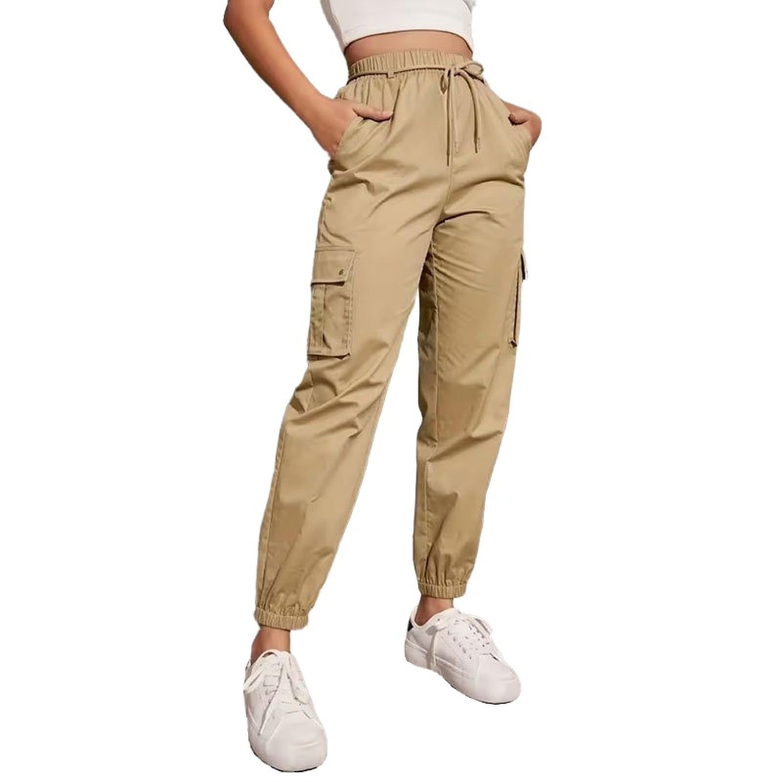 Womens Tapered Elastic Pants High Waist Slim Skinny Fit Casual Pencil Trousers with Pockets