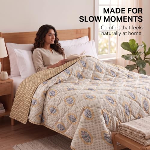 Image of BSB HOME Premium 280 GSM Quilted Comforter, Soft Plush Floral Printed Bedspread, Cozy Warm Reversible Blanket for Bedroom, Elegant Winter Bedding Comforter, 80 x 85 Inches (203 x 215 cm) - Pale Sand