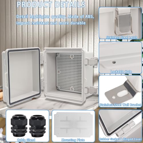 Image of Zulkit Junction Box,IP67 Waterproof Electrical Box Hinged Cover Stainless Steel Latch Plastic Enclosure for Project with Mounting Plate Wall Bracket and 2 Cable Gland Grey 5.9 inchx5.9 inchx3.5 inch(150x150x90mm)