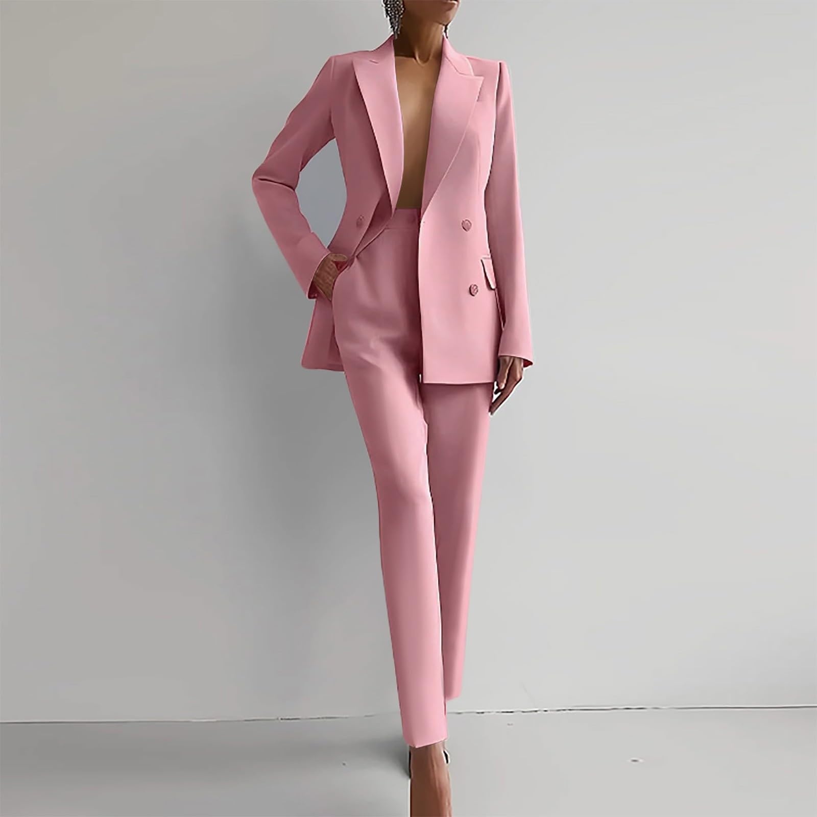 2025 - Traje de manga larga sólido para mujer, bolsillos, pantalones, traje elegante, 2 piezas, traje elegante para mujer